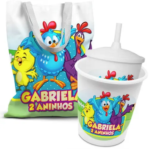 Kit Sacolinha +copo +balde Pipoca Galinha Pintadinha