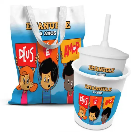 Kit Sacolinha +copo +balde Pipoca Três Palavrinhas