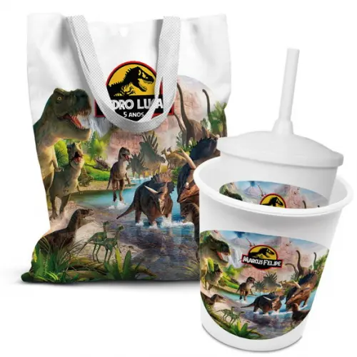 Kit Sacolinha +copo +balde Pipoca Dinossauro