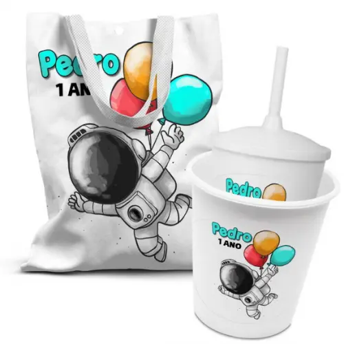 Kit Sacolinha +copo +balde Pipoca Astronauta
