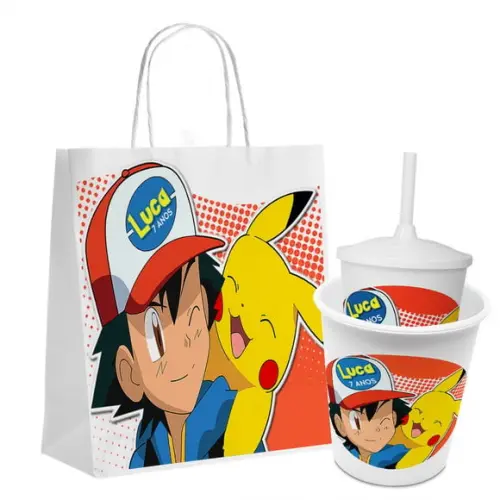 Kit Festa Caneca Caixinha e Sacolinha Pokemon Pikachu