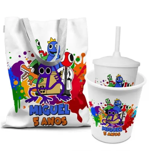 Kit Sacola +copo +balde Festa Rainbow Friends 2