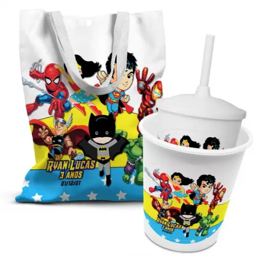 Kit Sacolinha +copo +balde Pipoca Super Heróis