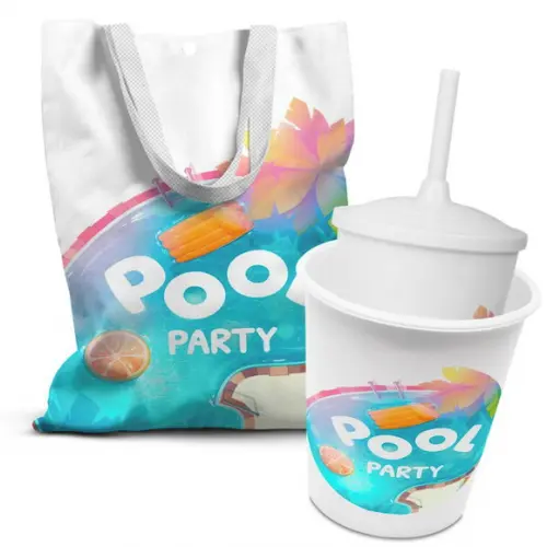 Kit Sacolinha +copo +balde Pipoca Pool Party