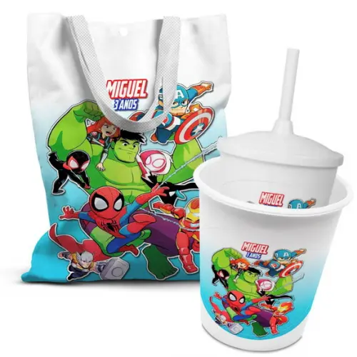 Kit Sacolinha +copo +balde Pipoca Vingadores 3