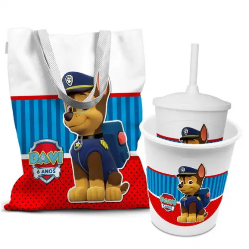 Kit Sacola +copo +balde Festa Patrulha Canina Chase