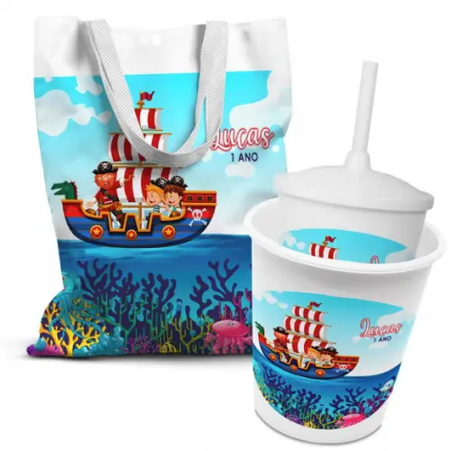 Kit Sacolinha +copo +balde Pipoca Piratas no Navio