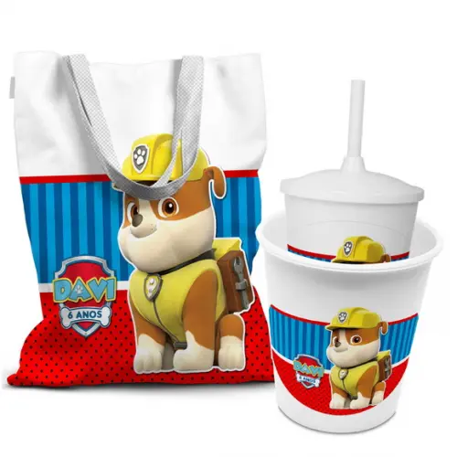 Kit Sacola +copo +balde Festa Patrulha Canina Rubble