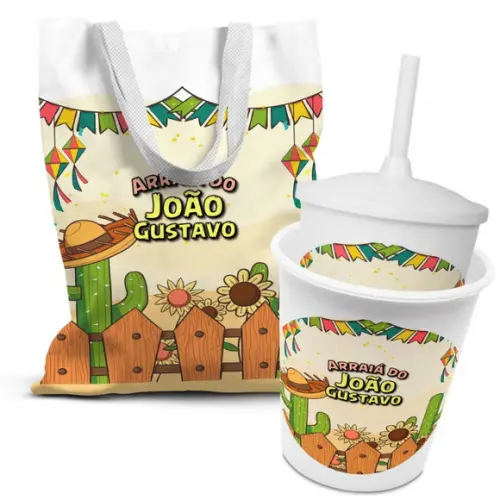 Kit Sacolinha +copo +balde Pipoca Festa Junina