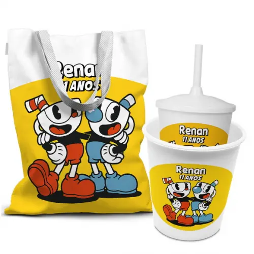 Kit Sacola +copo +balde Festa Cupheads