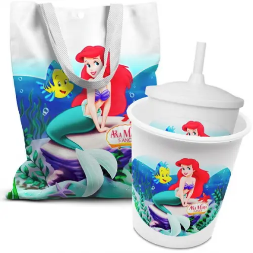 Kit Sacolinha +copo +balde Pipoca Pequena Sereia