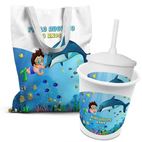 Kit Sacolinha +copo +balde Pipoca Fundo do Mar 4