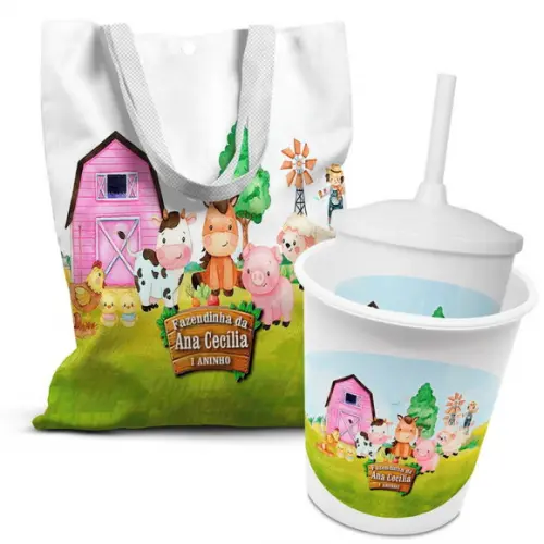 Kit Sacolinha +copo +balde Pipoca Fazendinha Rosa