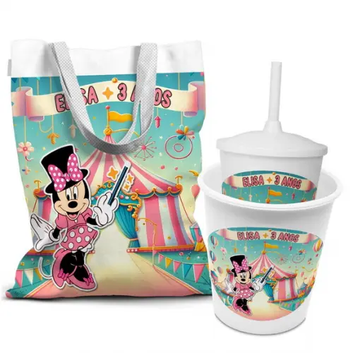 Kit Sacola +copo +balde Festa Minnie Rosa Circo