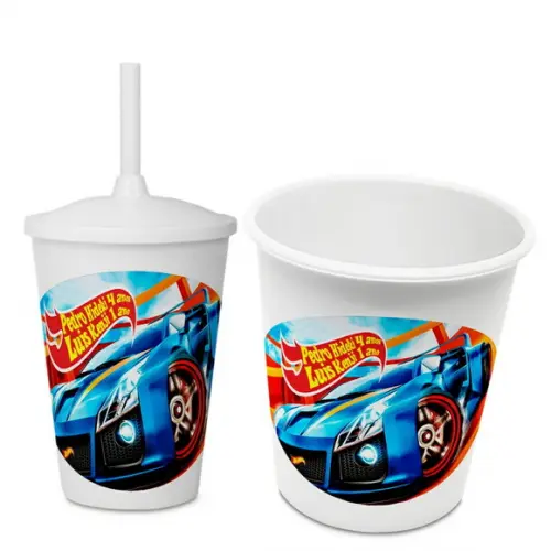 Kit com Copo com Tampa e Canudo +balde Pipoca Hot Wheels