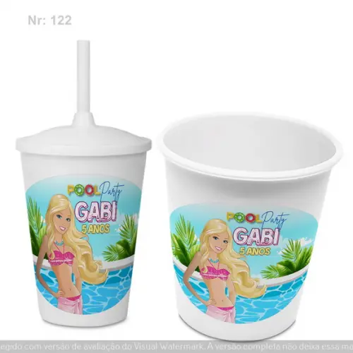 Kit com Copo Tampa e Canudo +balde Pipoca Barbie Pool Party