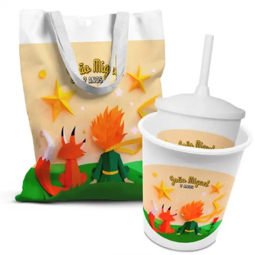 Kit Sacolinha +copo +balde Pipoca Pequeno Príncipe