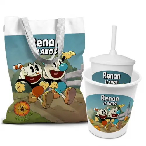 Kit Sacola +copo +balde Festa Cup Heads 2