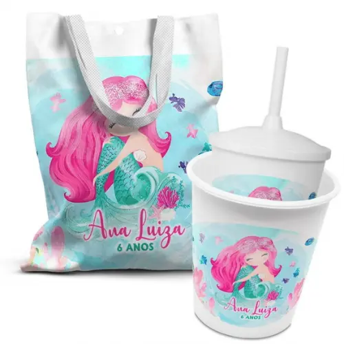 Kit Sacolinha +copo +balde Pipoca Sereia 2