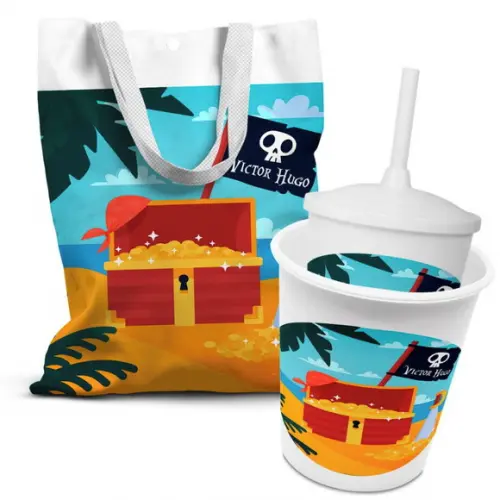 Kit Sacolinha +copo +balde Pipoca Piratas Baú do Tesouro