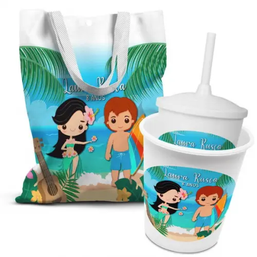 Kit Sacolinha +copo +balde Pipoca Praia Havaí