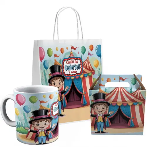 Kit Festa Caneca Caixinha e Sacolinha Circo Menino