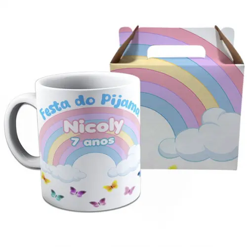 Kit Caneca na Caixinha para Festa do Pijama Arco Íris