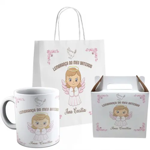 Kit Festa Caneca Caixinha e Sacolinha Batizado Menina