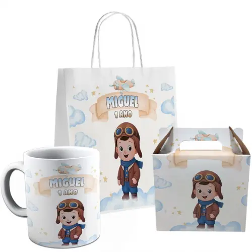 Kit Festa Caneca Caixinha e Sacolinha Menino Aviador