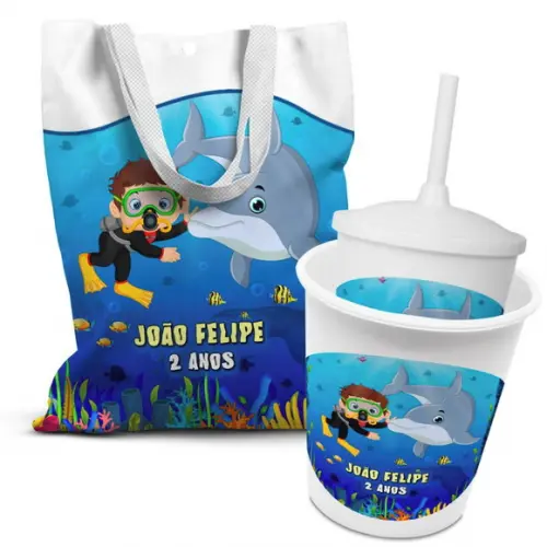 Kit Sacolinha +copo +balde Pipoca Fundo do Mar 3