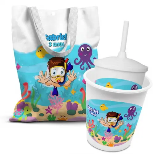 Kit Sacolinha +copo +balde Pipoca Fundo do Mar 2
