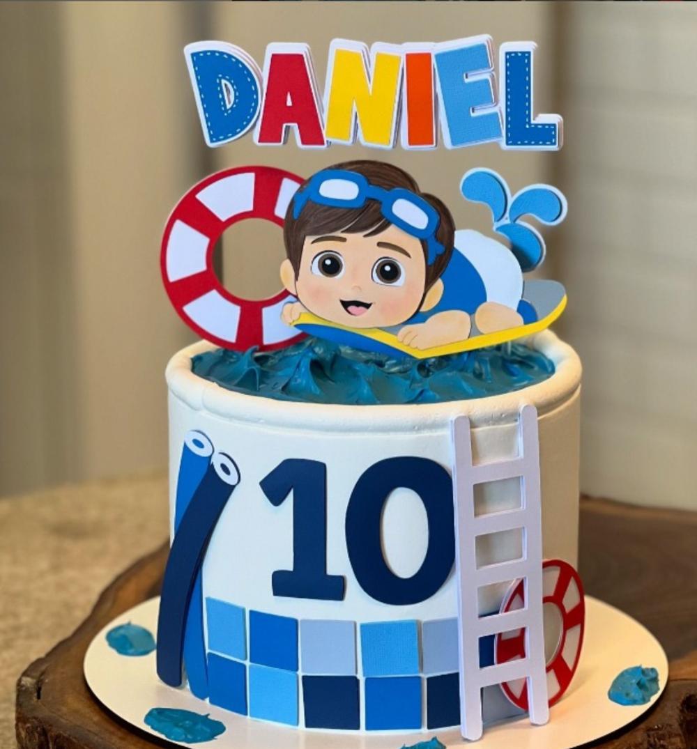 topo de bolo pool party praia férias menino