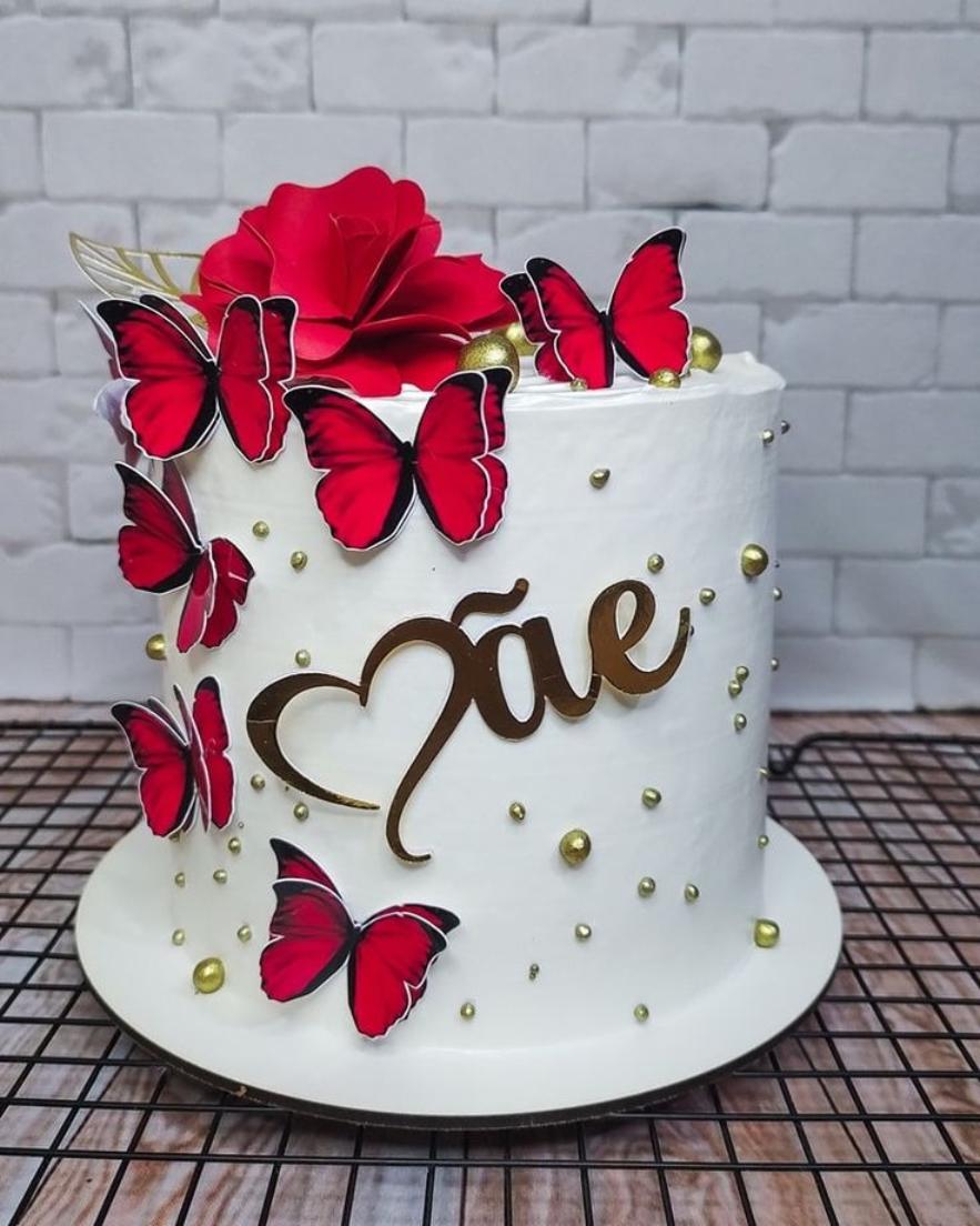 topo de bolo mãe borboletas vermelhas