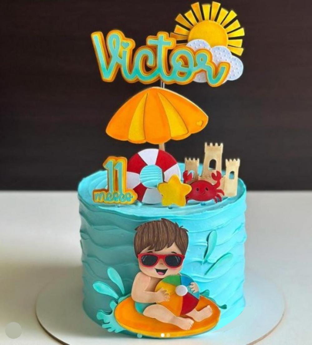 topo de bolo pool party praia férias menino