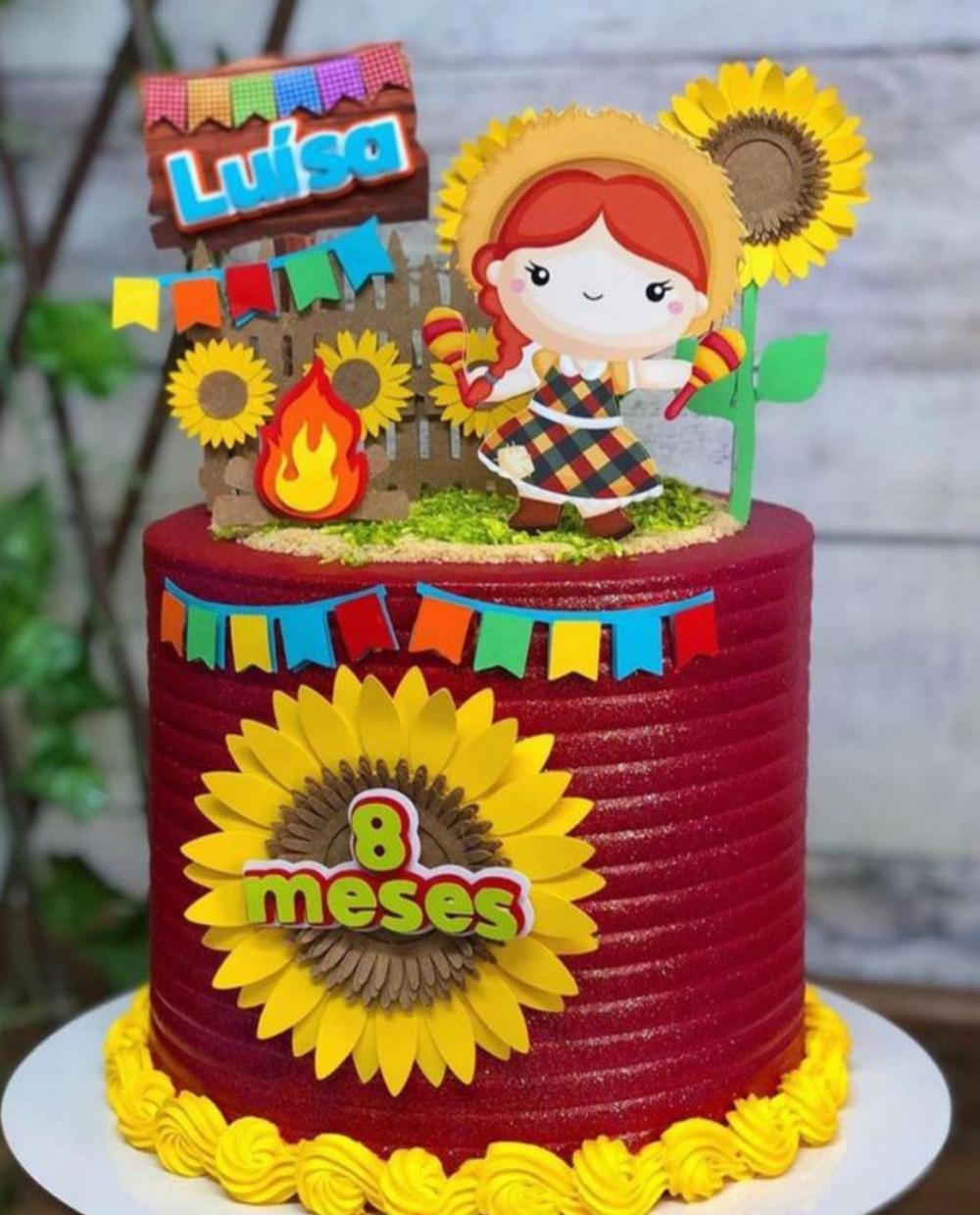 topo de bolo festa junina menina caipira girassóis