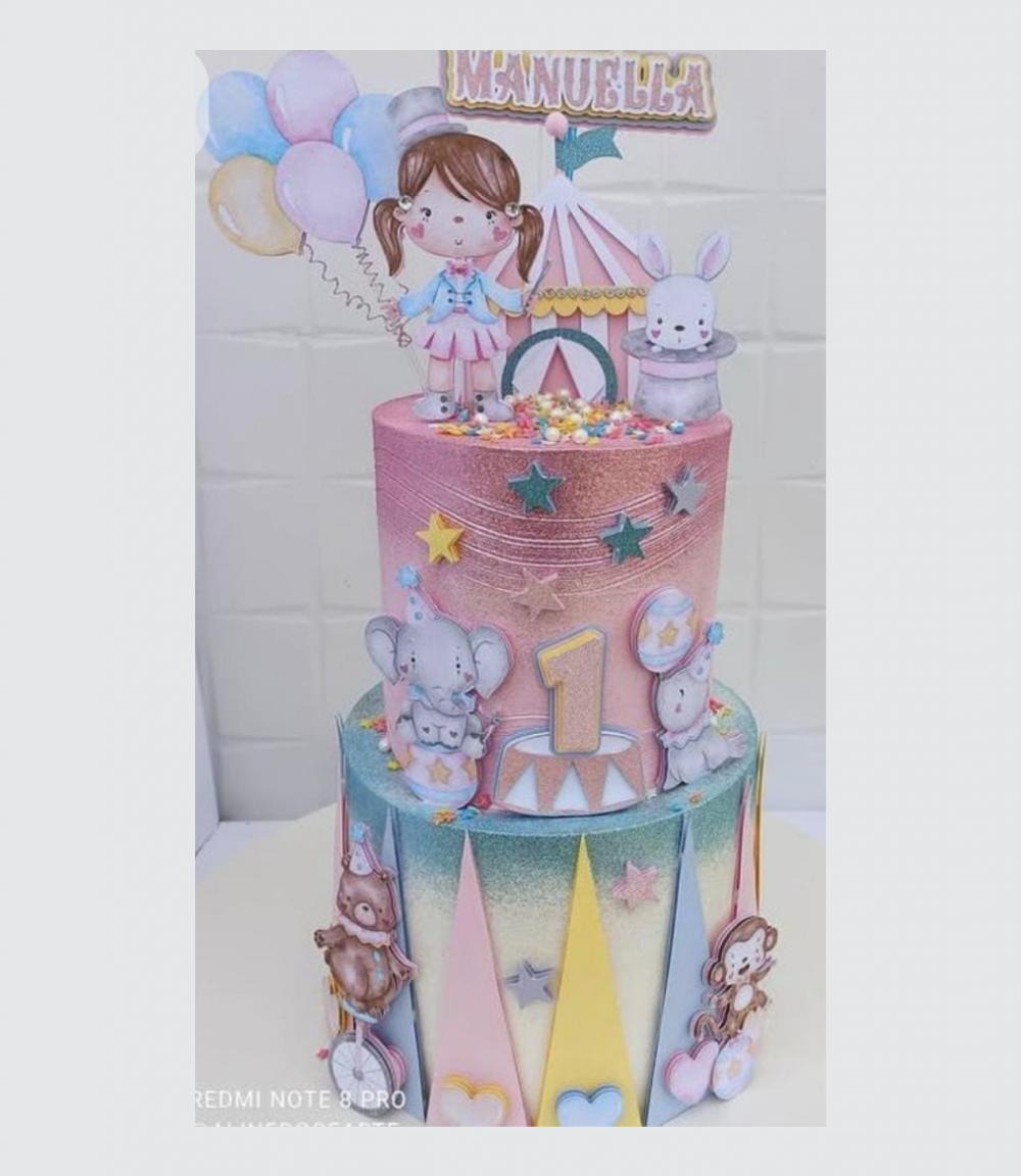 topo de bolo circo aquarela rosa