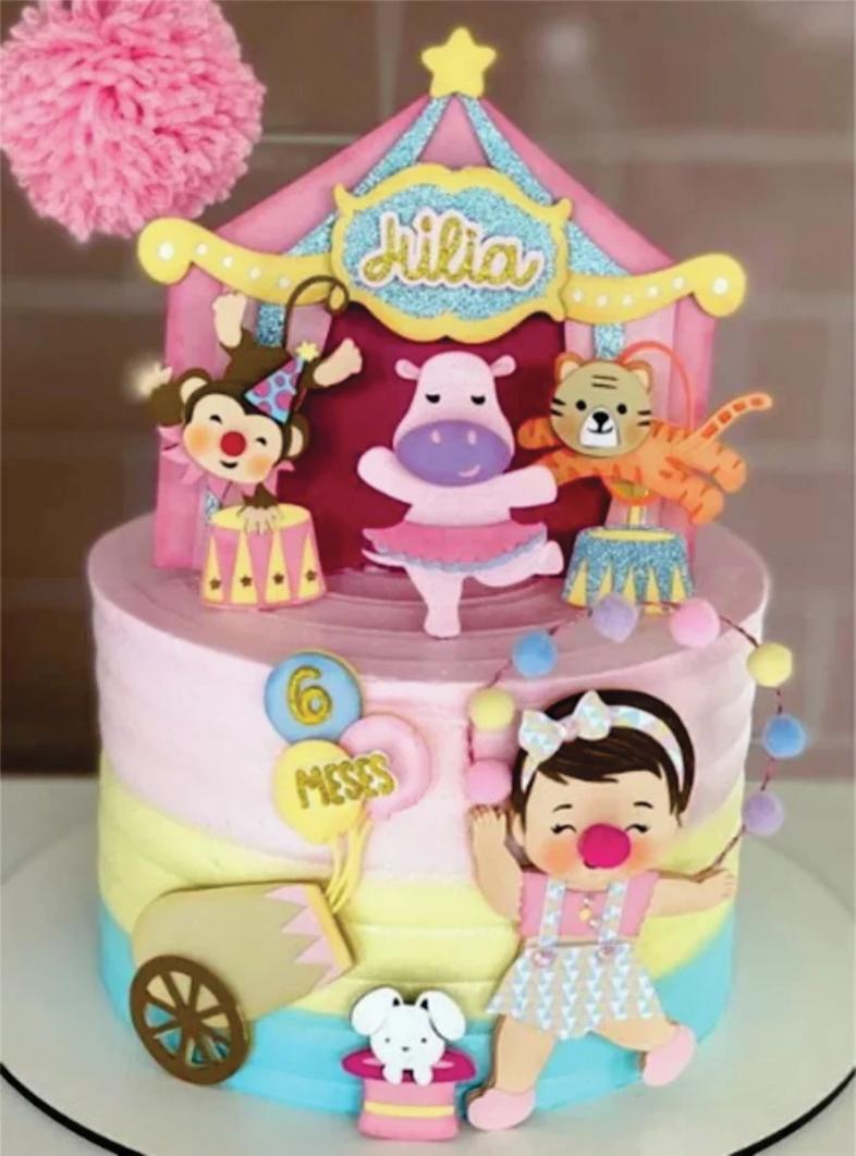 topo de bolo circo aquarela rosa