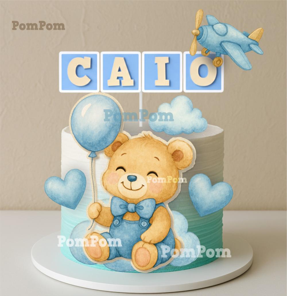 topo de bolo chá de bebê ursinho aquarela