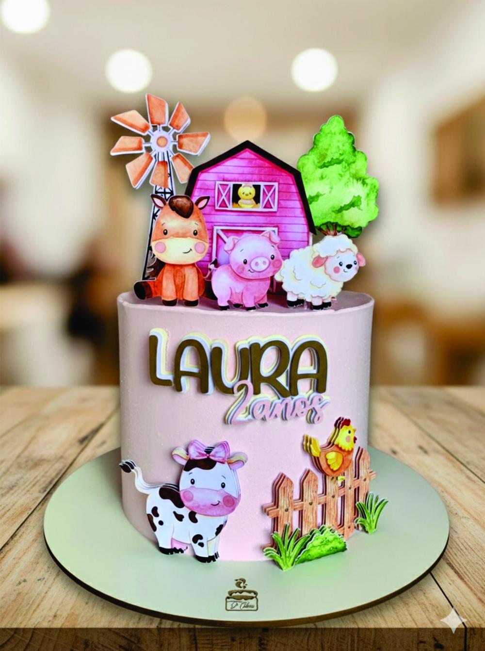 topo de bolo fazendinha rosa aquarela