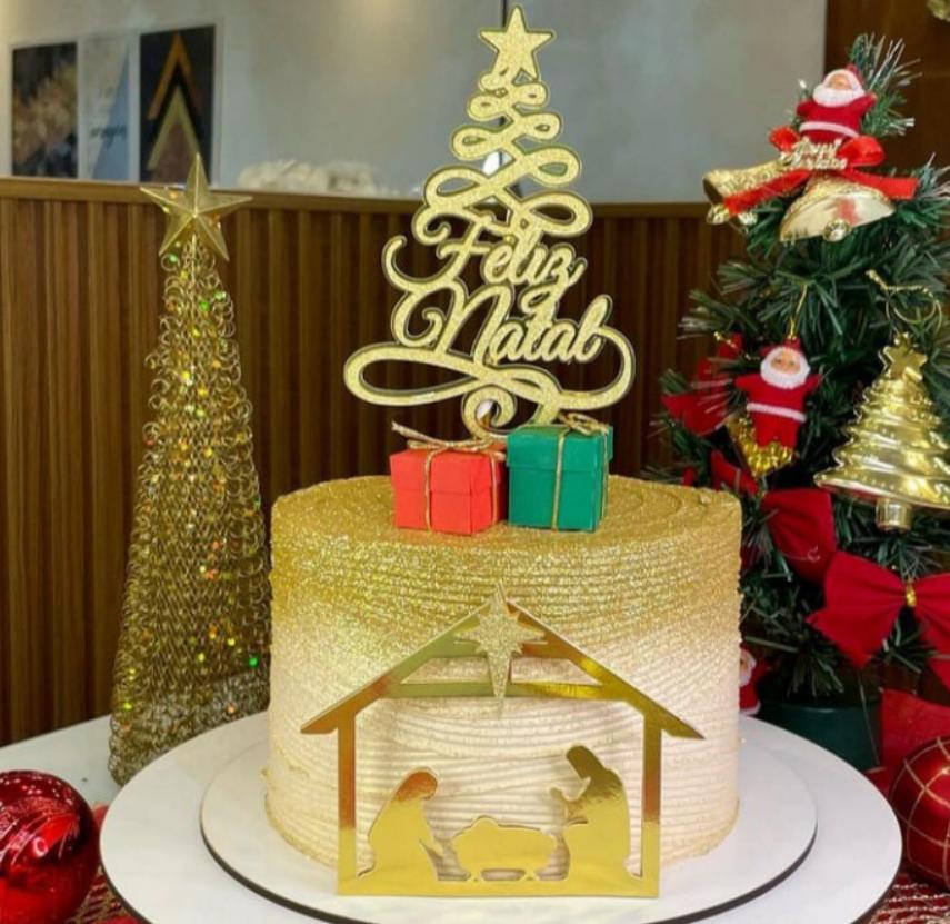 topo de bolo feliz natal arvore presépio