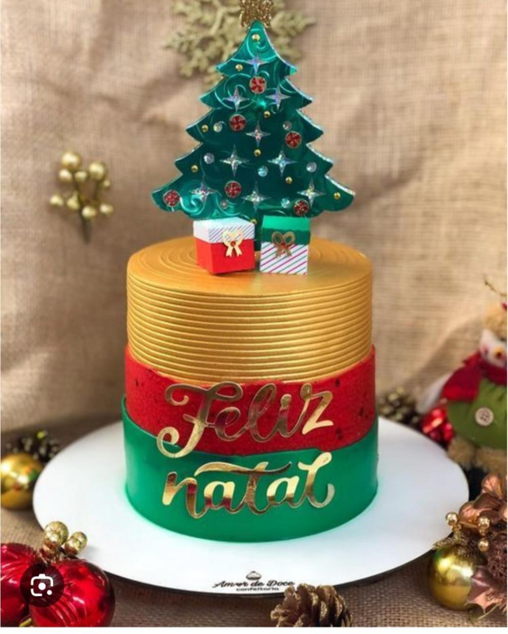 topo de bolo feliz natal arvore presentes