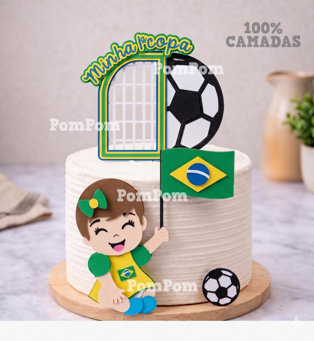 topo de bolo futebol brasil copa mesversário menina