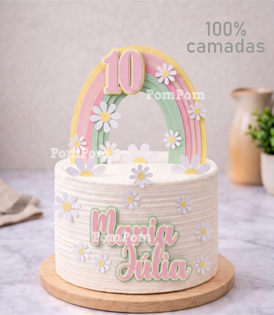 topo de bolo margaridas arco-íris