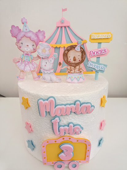 topo de bolo circo aquarela rosa