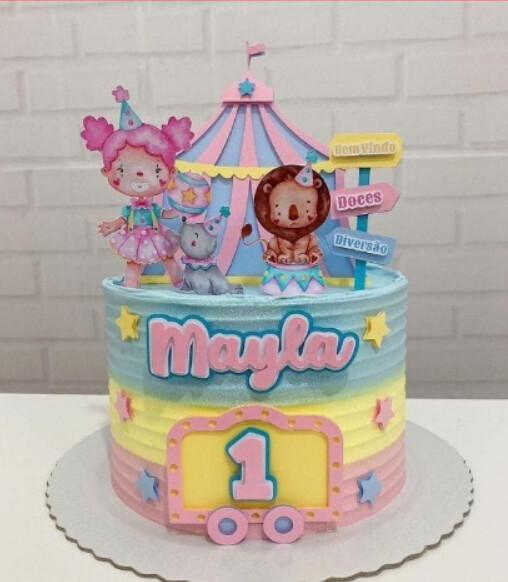 topo de bolo circo aquarela rosa