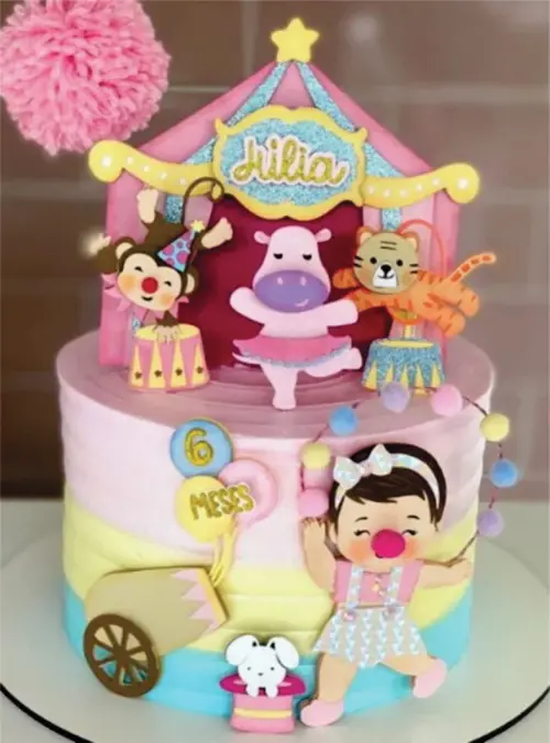 topo de bolo circo aquarela rosa