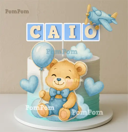 topo de bolo chá de bebê ursinho aquarela