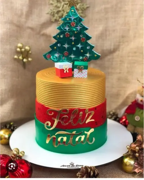 topo de bolo feliz natal arvore presentes