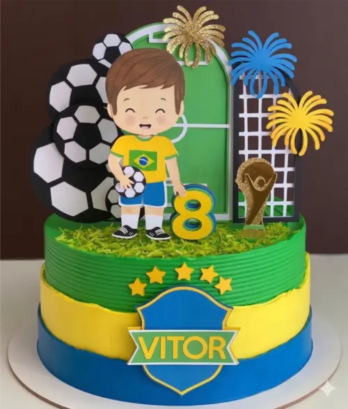 topo de bolo futebol brasil menino
