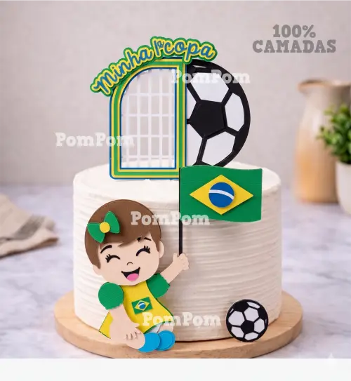 topo de bolo futebol brasil copa mesversário menina